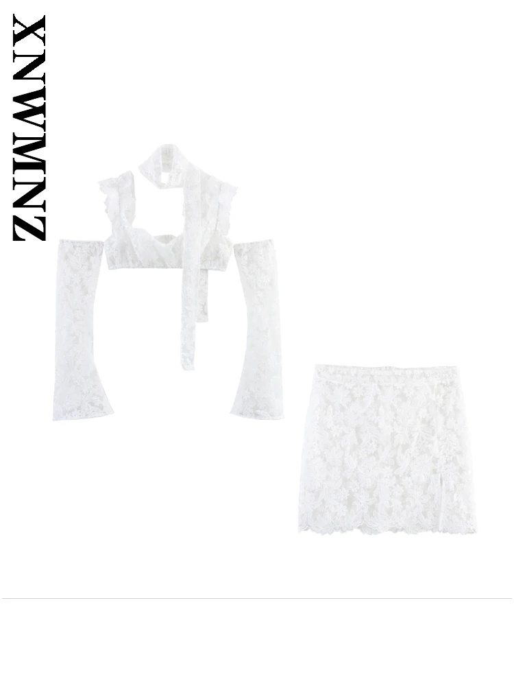 

XNWMNZ 2025 Summer Woman Fashion club Long Sleeve Halter Backless Top Sexy Woman's Shoulder Two-piece Simple mini Bodycon Skirt