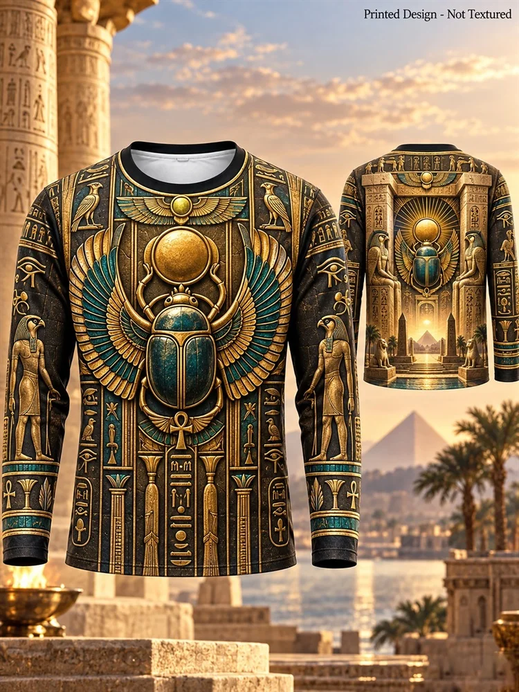 Men's Egyptian Bastet Cat Goddess Long Sleeve T-Shirt Gold Hieroglyph Ankh Scarab Lotus Pyramid Graphic Pullover Tops Gift