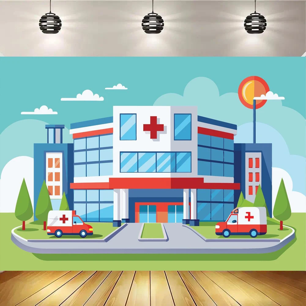 Photography Backdrop Cartoon Hospital Ambulance Aircraft Medical Background Nursing School Nurse Graduation Doctor Party Poster