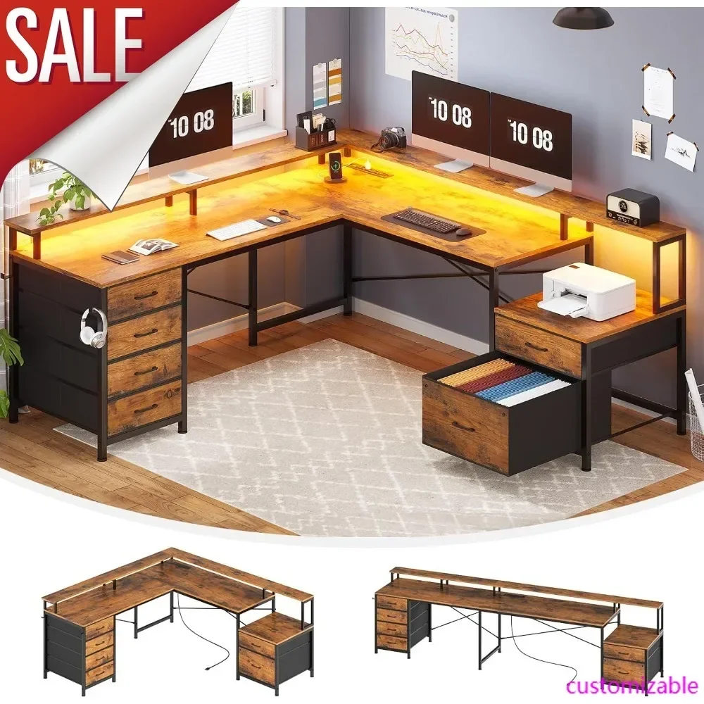 

Угловой компьютерный стол L-образной формы с 6 ящиками, 108 дюймов, для домашнего офиса, с выдвижным ящиком для документов и розеткой