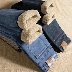 New Winter Men Sherpa Jeans Warm Fleece Soft Velvet Thickened Denim Pants Business Stretch Straight Plush Trousers Male