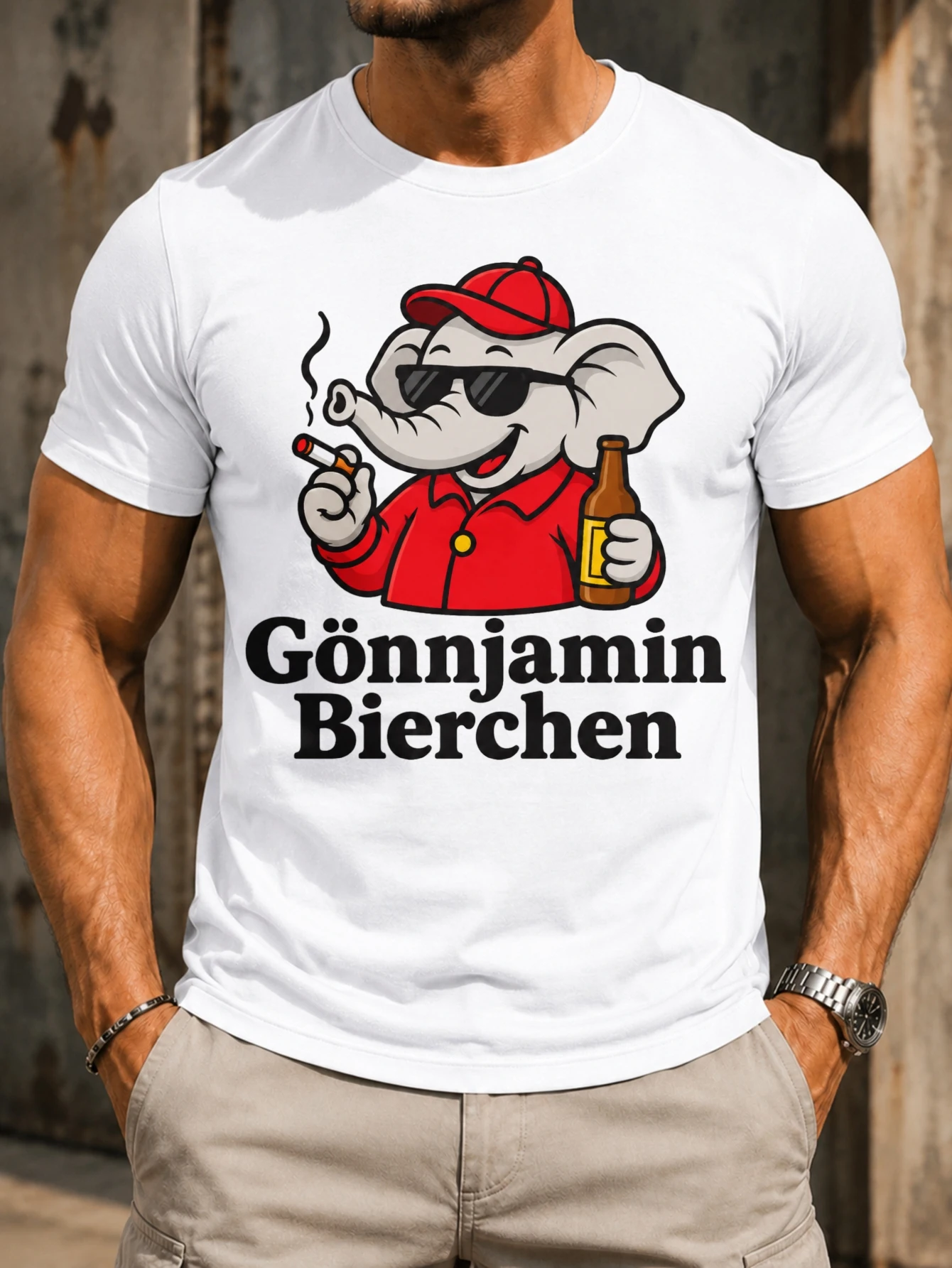 Gonnjamin Bierchen Close Up Cartoon Elephant With Cigar Bottle And Bold  Lettering Unisex All  Unisex All T-Shirt