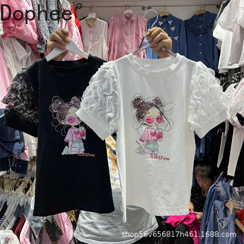2025 New Summer All-match Loose Women T-shirts Elegant Mesh Puff Short Sleeve Tees Cartoon Print Hot Drilling Cotton Basic Tees
