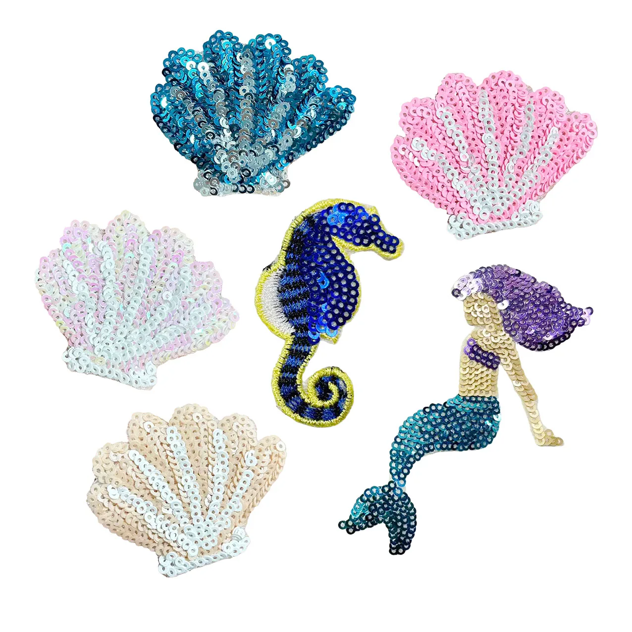 3 Stück/6 Stück Muschel-Meerjungfrau-Seepferdchen-Pailletten-Stickerei-Patches, kleine süße Eisen auf für Kleidung, Taschen, DIY-Zubehör
