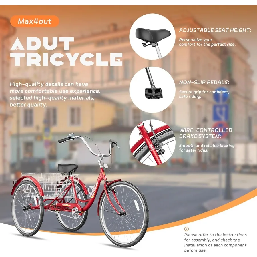 دراجة ثلاثية العجلات للكبار مع سلة كبيرة 24 26 بوصة دراجة كروز مستقرة 3 عجلات للتسوق على الشاطئ وركوب المدينة مثالية للرجال والنساء #3