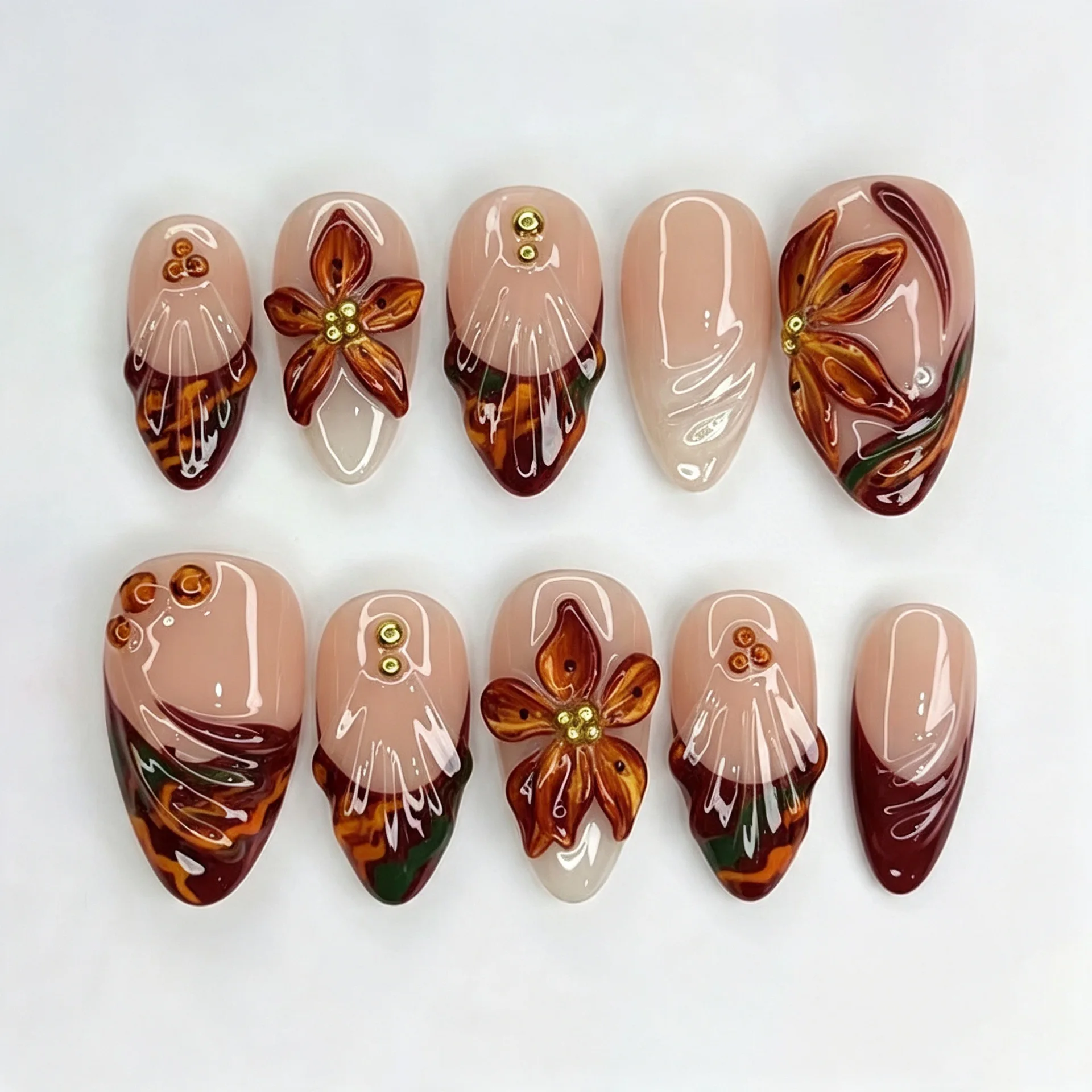 24Pcs 3D Flower French Press on Nails Autumn Style Almond Fake Nail with Gold Bead Decor Full Cover Detachable False Nails Tips