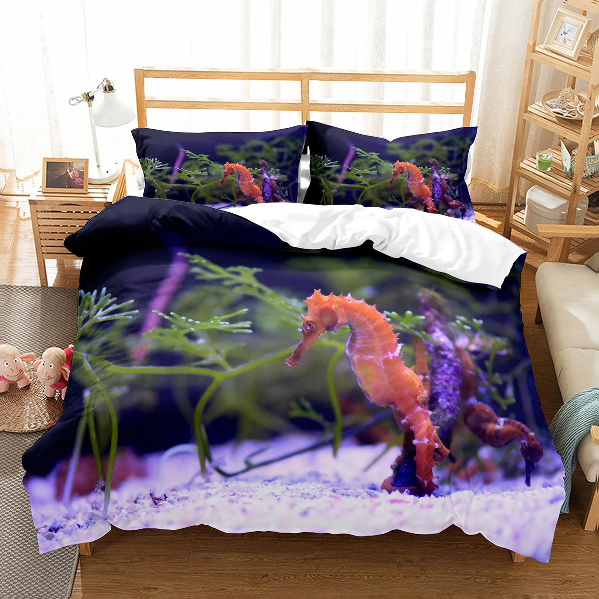 Red Seahorse King Queen Full Duvet Cover Marine Life Theme Bedding Set Lovely Ocean Animal Quilt Cover Polyester Comforter Cover