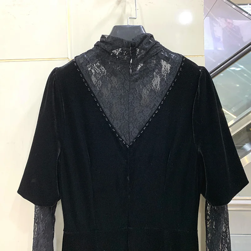 Black Temperament Lace Patchwork Dresses for Women Loose Long Sleeve Elegant Hepburn New Sweet A-line Party Streetwear Female