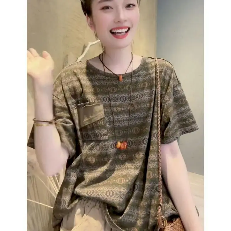 Short Sleeve T-shirt for Women Summer Trend Thin Tops Fashion Pocket Design Tshirt Artistic Color Blocking Casual Loose Tees
