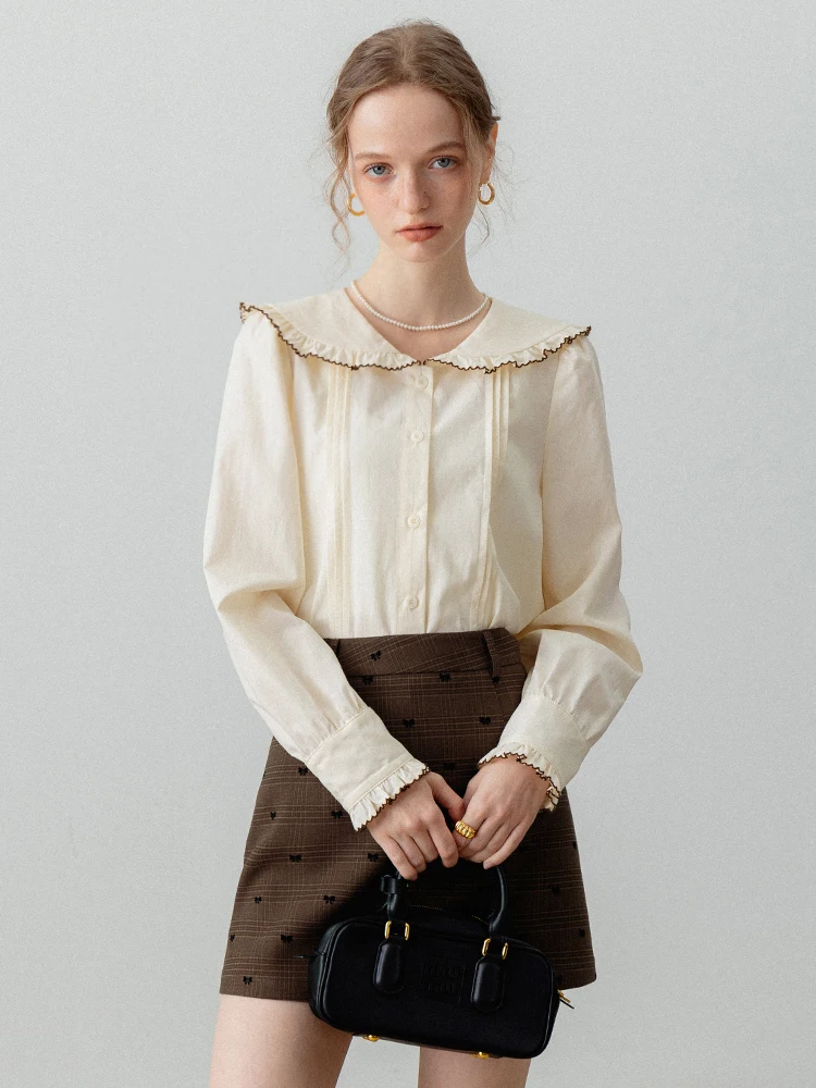 

Eggka Korean Style Long Sleeve Doll Collar Women's Shirt High Waist A-Line Skirt Fashion Set Autumn 2024