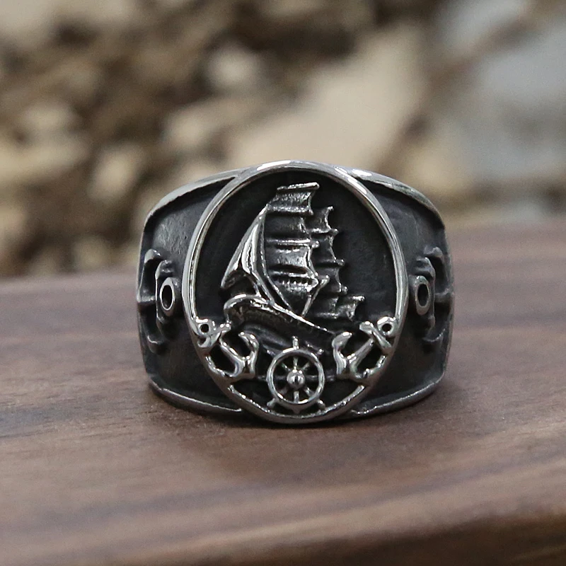 Vintage Pirate Sailboat Nordic Viking Ring Men Women Stainless Steel Anchor Compass Signet Rings Gothic Punk Biker Jewelry