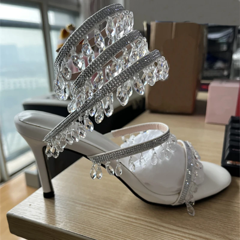 2023 Summer Crystal Pendant Twine Sandals Rhinestone High Heels 10cm Open Toe Women Shoes Party Wedding Bridal Shoes Size 34-43