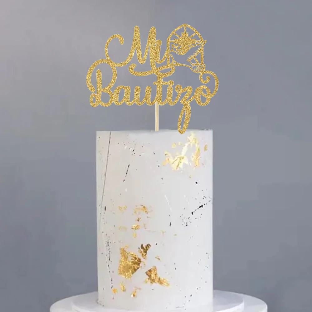5 Stück Goldene Kreuz-Kommunion-Glitzer-Kuchendekoration für Babyparty Geburtstagstorten-Dekoration Taufe Feiern – Detail 8