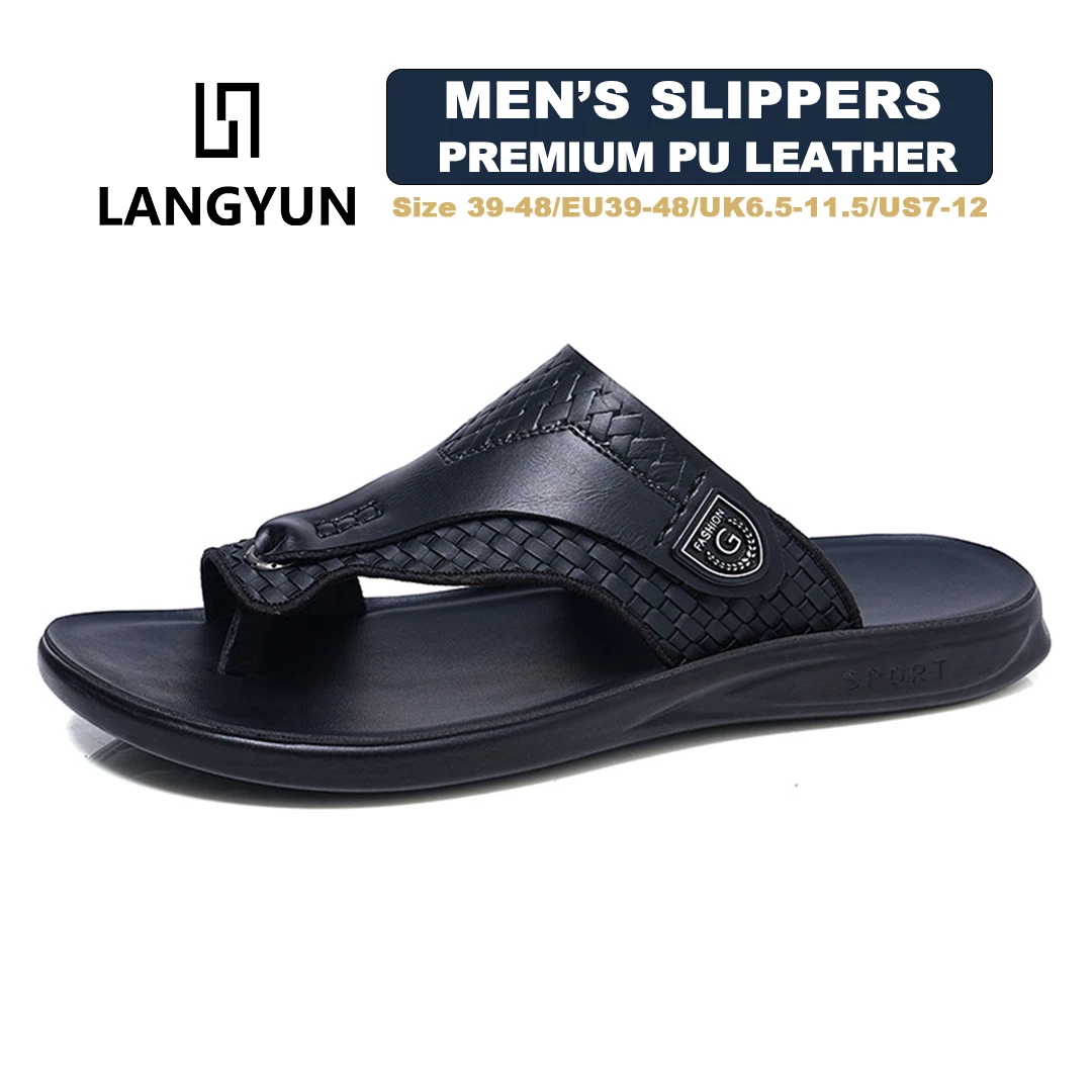 

LANGYUN Men's Premium PU Leather Flip Flops Non-Slip Sole Summer Beach Slippers Casual Comfort Sandals Size46 47 48