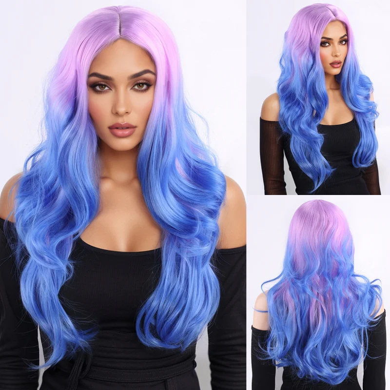 Wig with large wavy long curls, purple-pink gradient blue, European and American highlights, full head style, wome