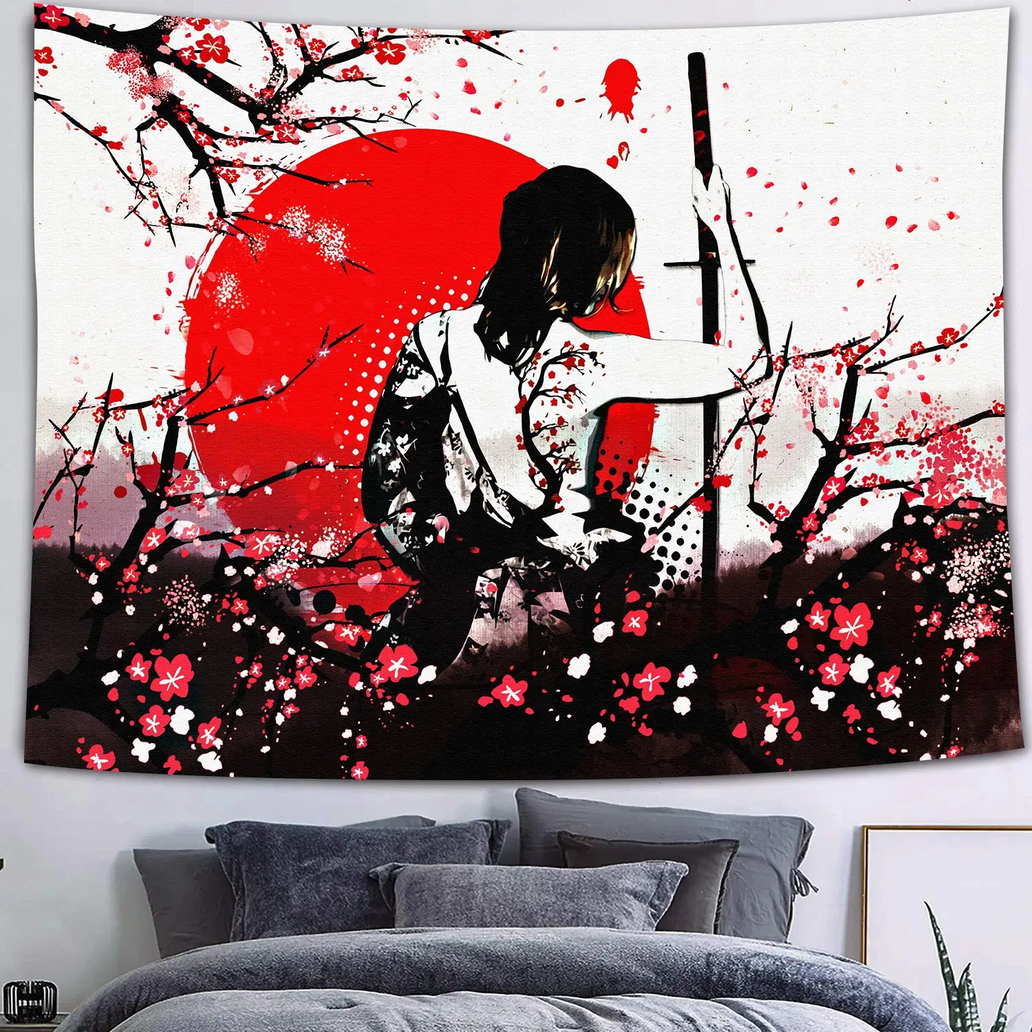 Japanese Samurai Tapestry Red Burning Sun Cherry Blossoms Wall Hanging Gothic Bushido Living Room Bedroom Decor Wall Blanket