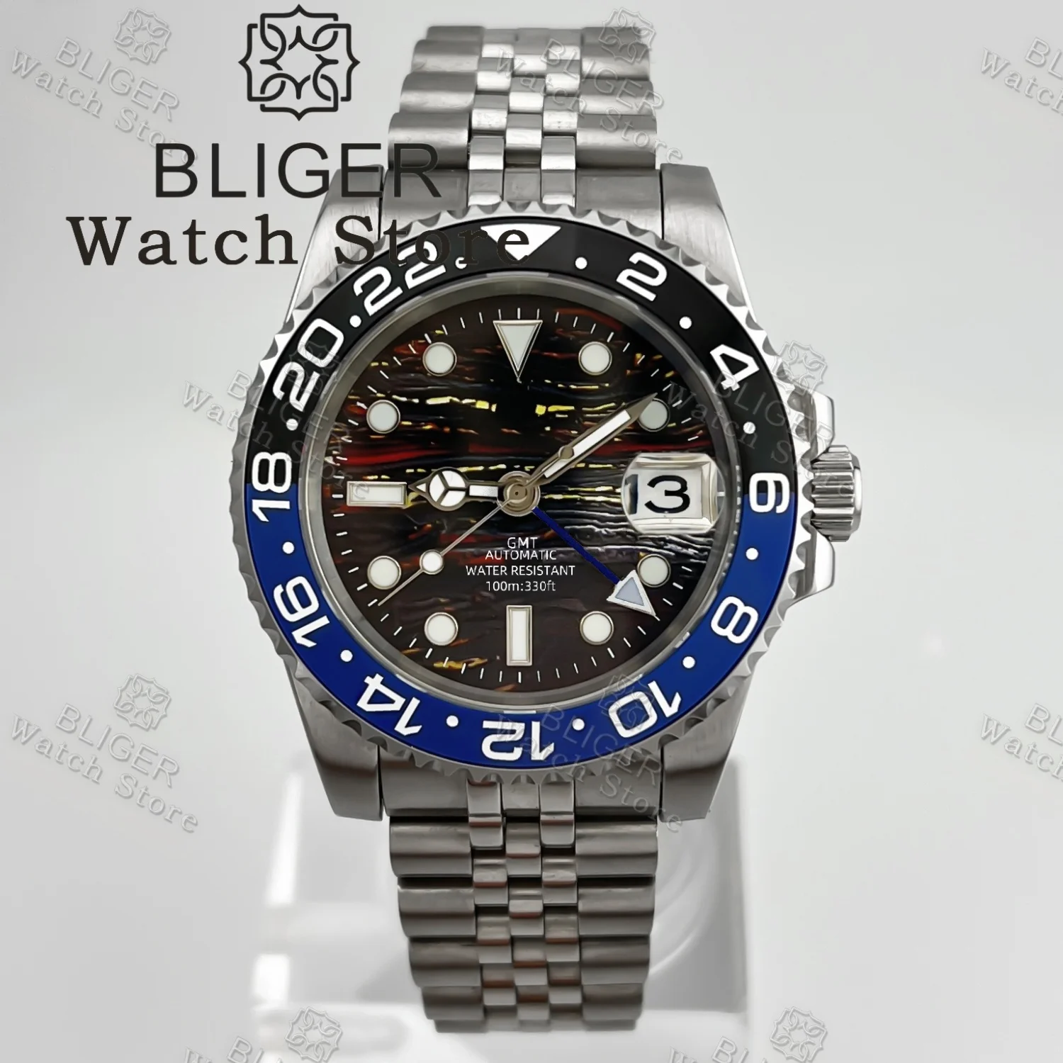 BLIGER 36mm 38mm 40mm Silver GMT NH34 Men's Mechanical Watch Tiger Eye Texture Dial Ceramic Bezel Sapphire Crystal Waterproof