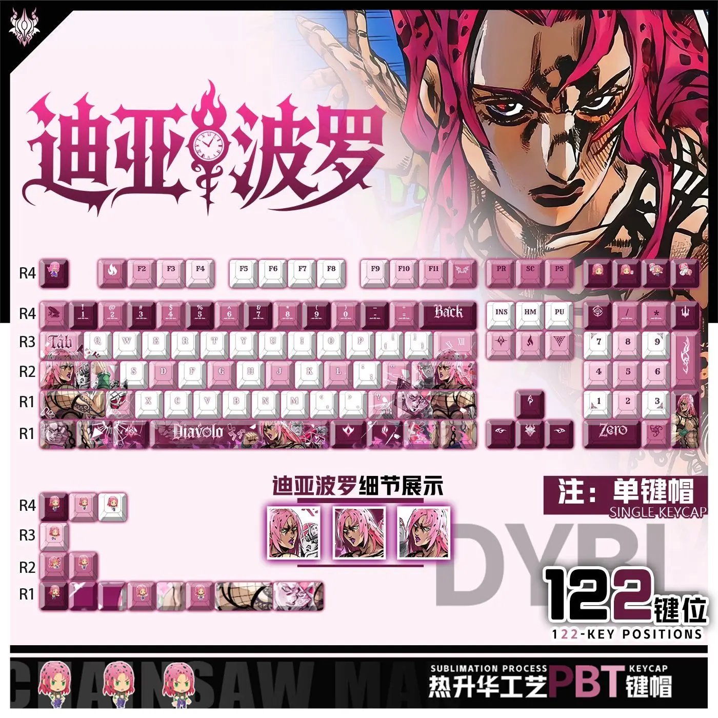 122 Keys JoJo's Bizarre Adventure Diavolo Keys Game Cherry PBT Side Transparent Key Cap for Mad68 Wooting 60 Mechanical Keyboard