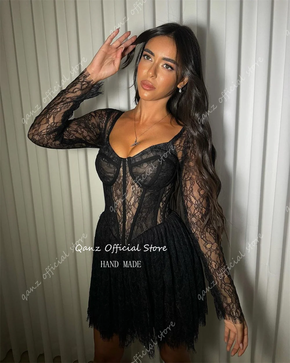 Qanz Sexy Black Lace Prom Dresses Long Sleeves Illusion Short Mini Dresses Party Night Corset Dress Birthday Outfit Customized