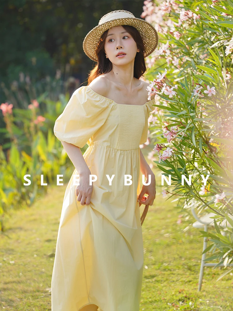 

Sweet Vintage Puff Sleeve Square Neck Dress Elegant Pleated A-Line Long Maxi Outfit Women Autumn French High Waist Casual Style