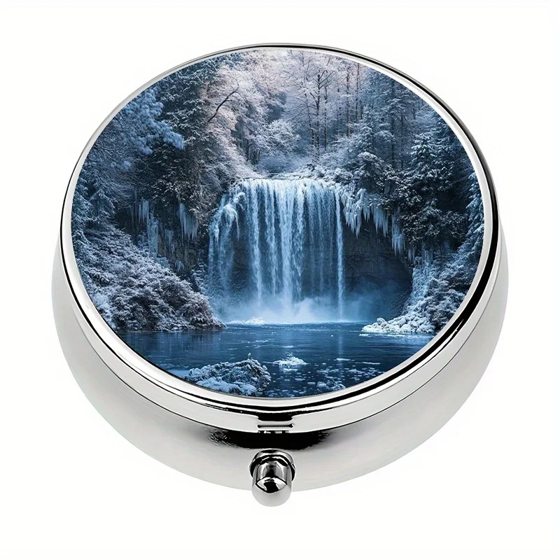 1 pill box with 3 compartments, winter wonderland waterfall scene, mini pill container, pill organizer, perfect for travel and storing vitamins