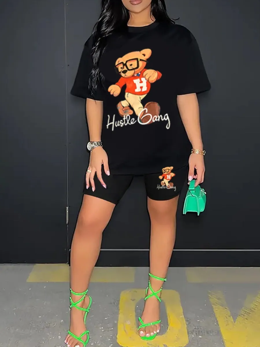 LW Plus Size Cartoon Bear Letter Print Two Pieces Suits Shorts Set Short Sleeve Crewneck T-shirt and Matching Pants 2pcs Outfits