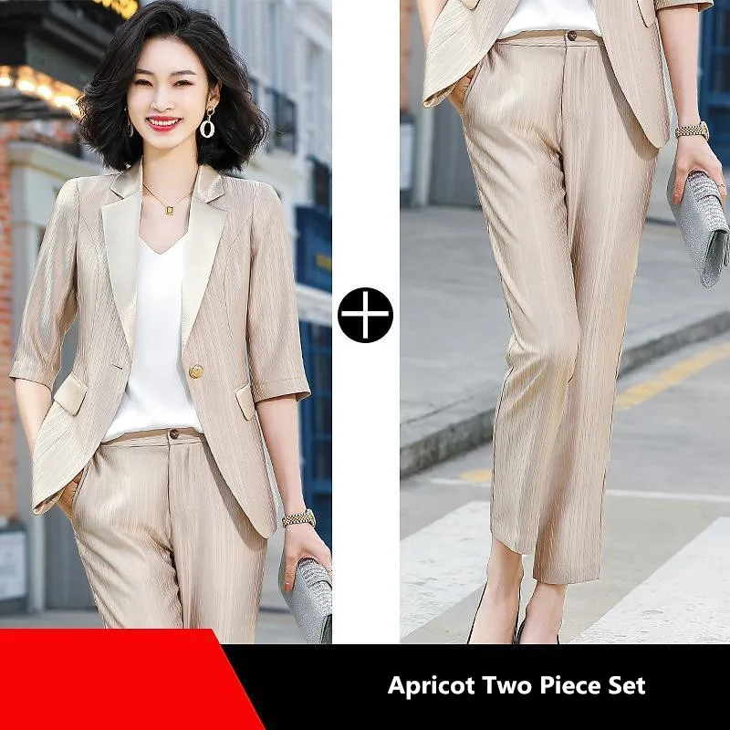 

Women's Summer Thin Suit Jacket Pants Two-piece Korean Elegant Business Wear 2022 New Casual Blazers Trousers Set Female Clothes