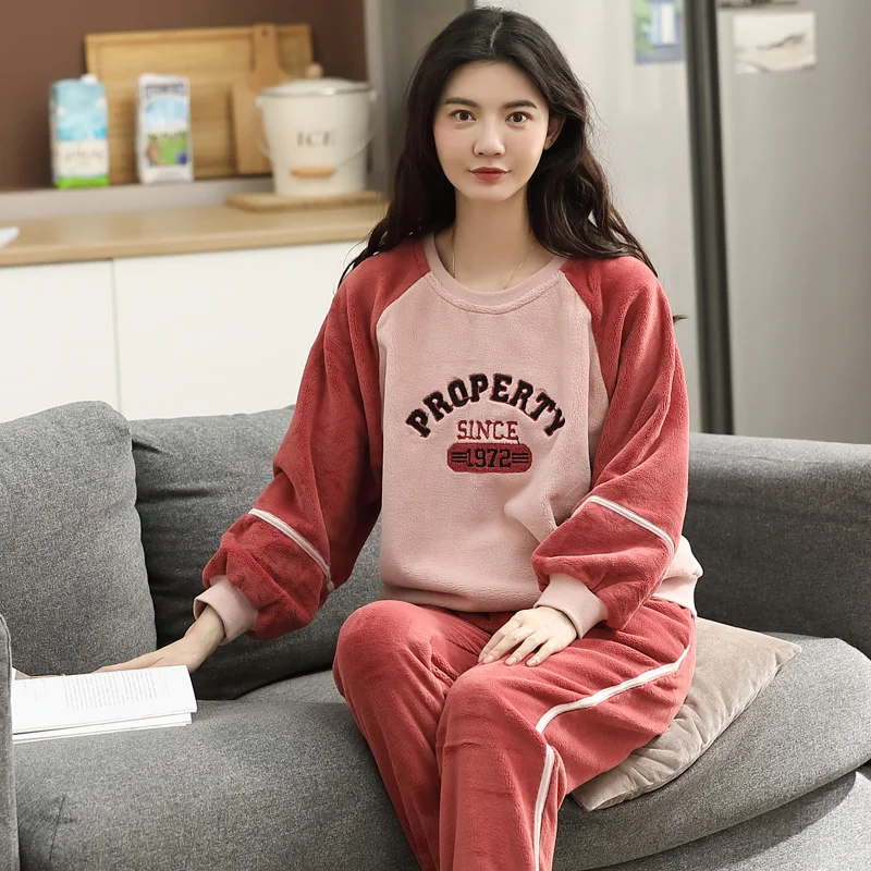 Winter Women Flannel Pajamas Set Female Thick Warm Solid Casual Home Clothing