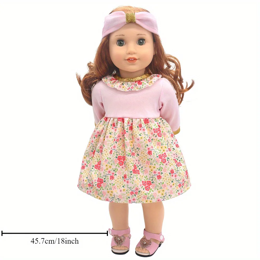 1 set of long-sleeved floral dress with gold trim doll clothes for 18-inch (45.7cm) doll girls. Suitable for American dolls