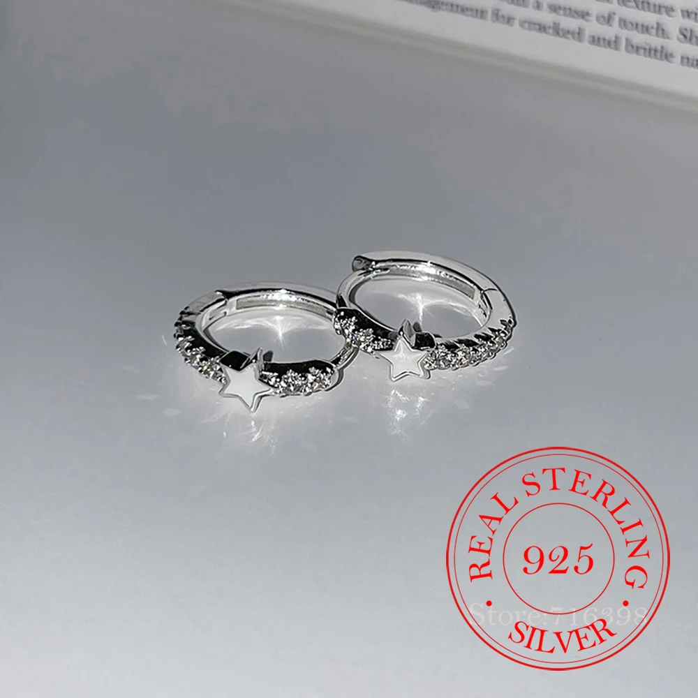 

925 Sterling Silver Jewelry Zircon Crystal Star Hoop Earrings for Women Wedding Party Jewelry For Girls Friend Gift