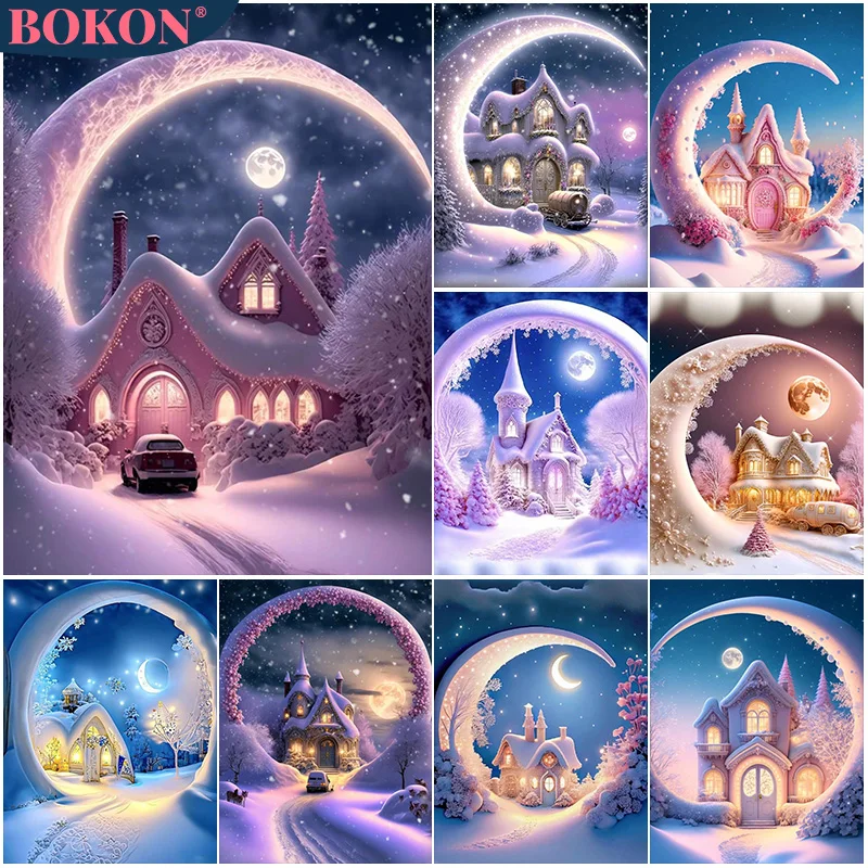 

Scenery 5D Diamond Painting Snow Moon House Villa Full Diamond Mosaic Diamond Embroidery Kit DIY Rhinestone Home Art Decoration