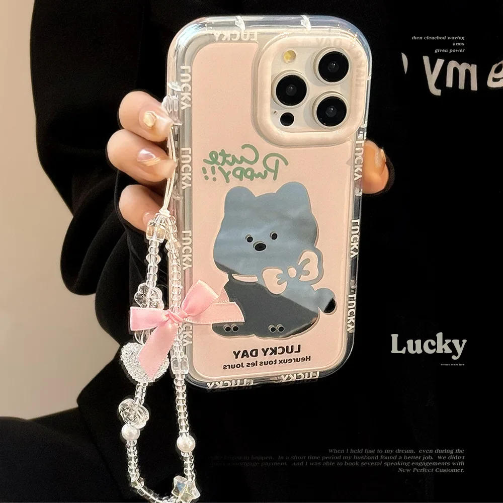 Ins Cute Puppy Mirror Shell Phone Case for IPhone 15 14 13 12 11 Pro Max Korean Cute Cartoon Dog Happy Bracelet Phone Soft Case