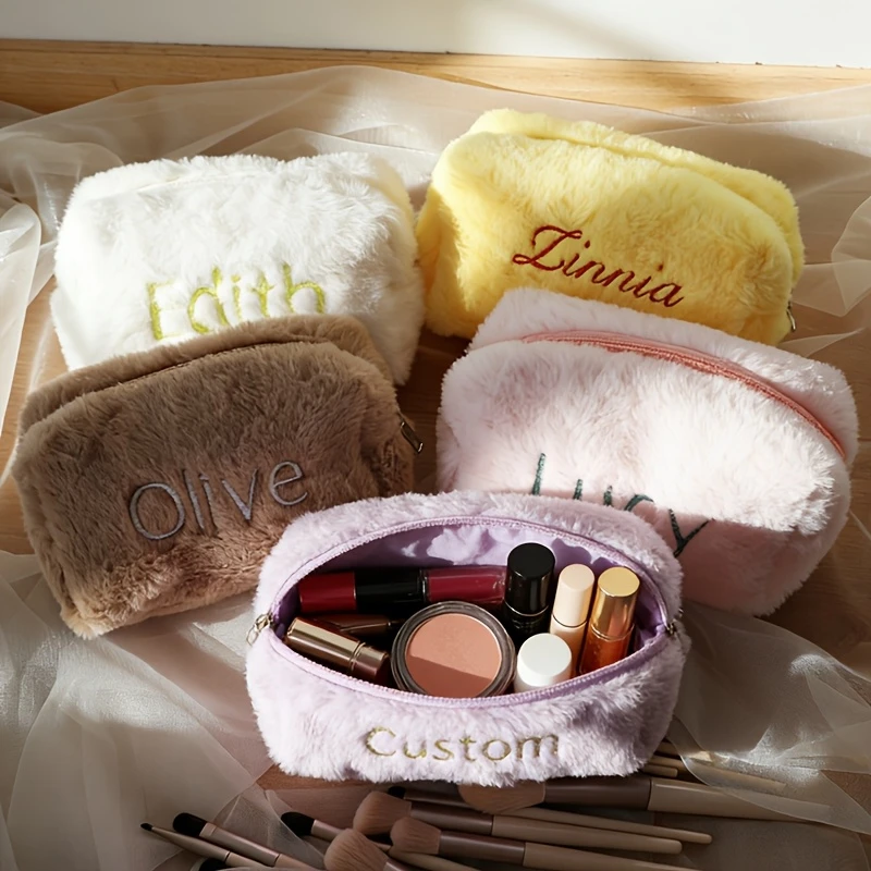  Custom Name Makeup Bag Embroidered Women's Travel Top Quality Makeup Brush Case Plush Personalized Souvenir Gift for Loved One