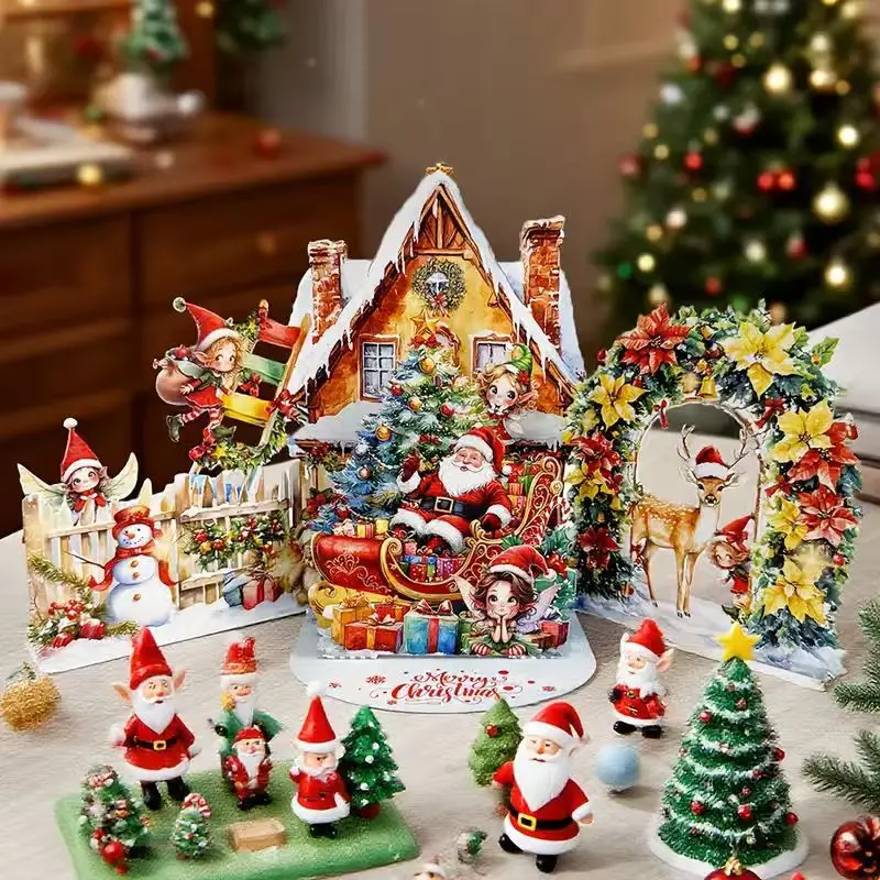 

10Pcs 3D Pop-up Christmas Card Night Before Xmas Scene Snowy Village Santa Reindeer&Moonlit Sky Festive Holiday Greeting Card