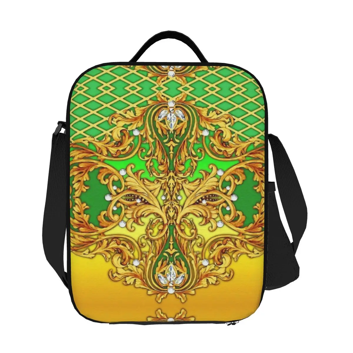 

Custom Baroque Yellow Decorative Luxury Golden Ornamental European Design Fashion Insulated Lunch Bag Cooler Thermal Lunch Tote