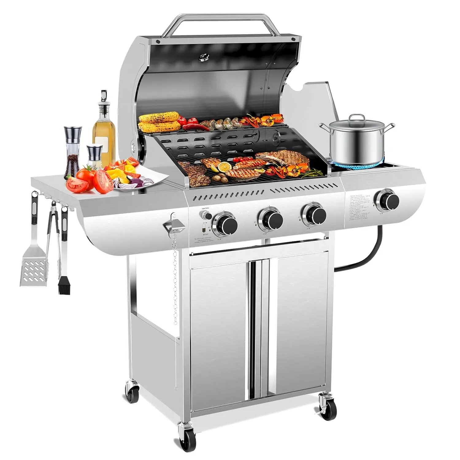 

3-Burner Propane Gas Grill With Sider Burner, Stainless Steel Propane Grill 34,000BTU, Multifunction & Protable, Customized