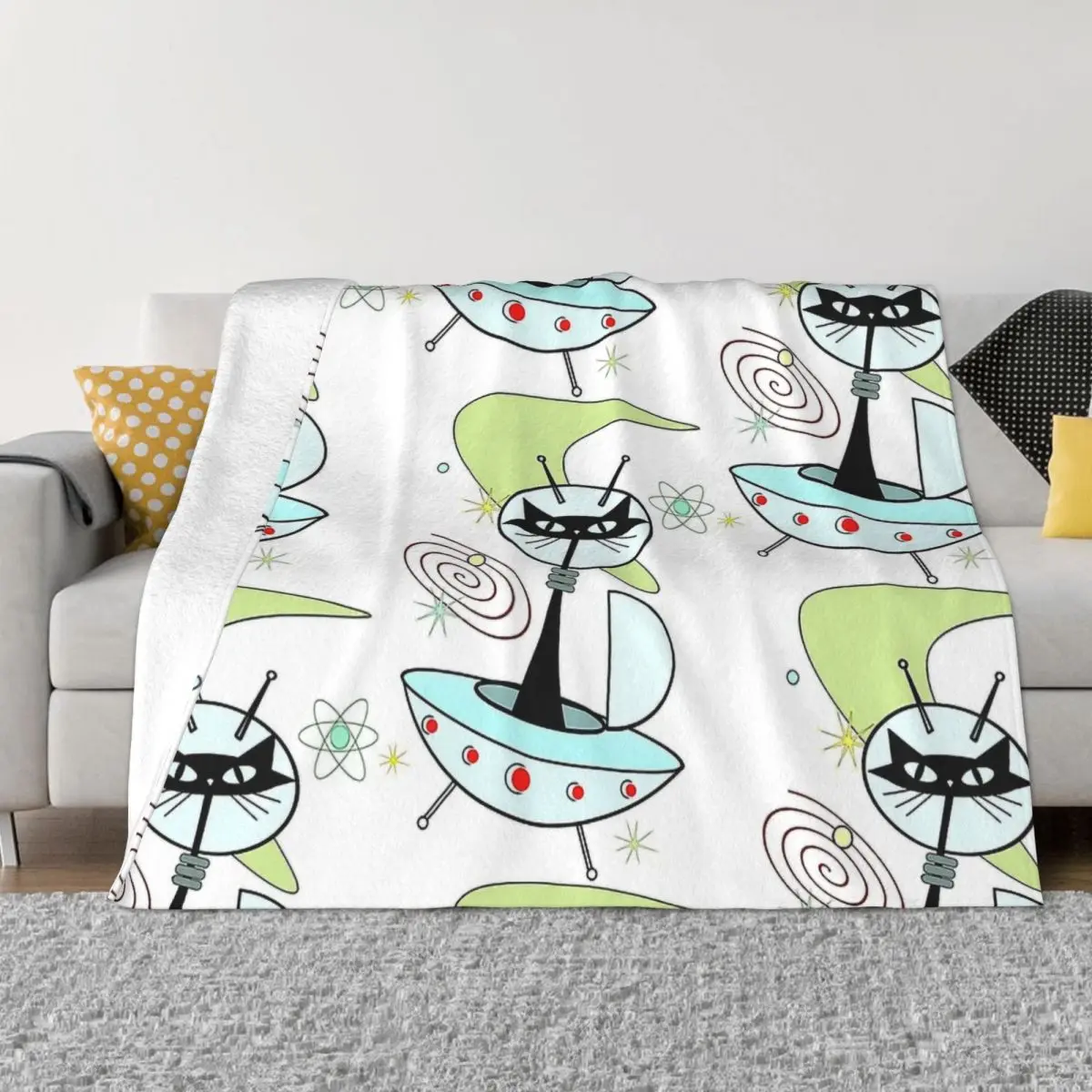 Cats In Space, MCM Atomic Cat Throw Blanket Ultra-Soft Micro Fleece Blanket Black Flannel Blanket