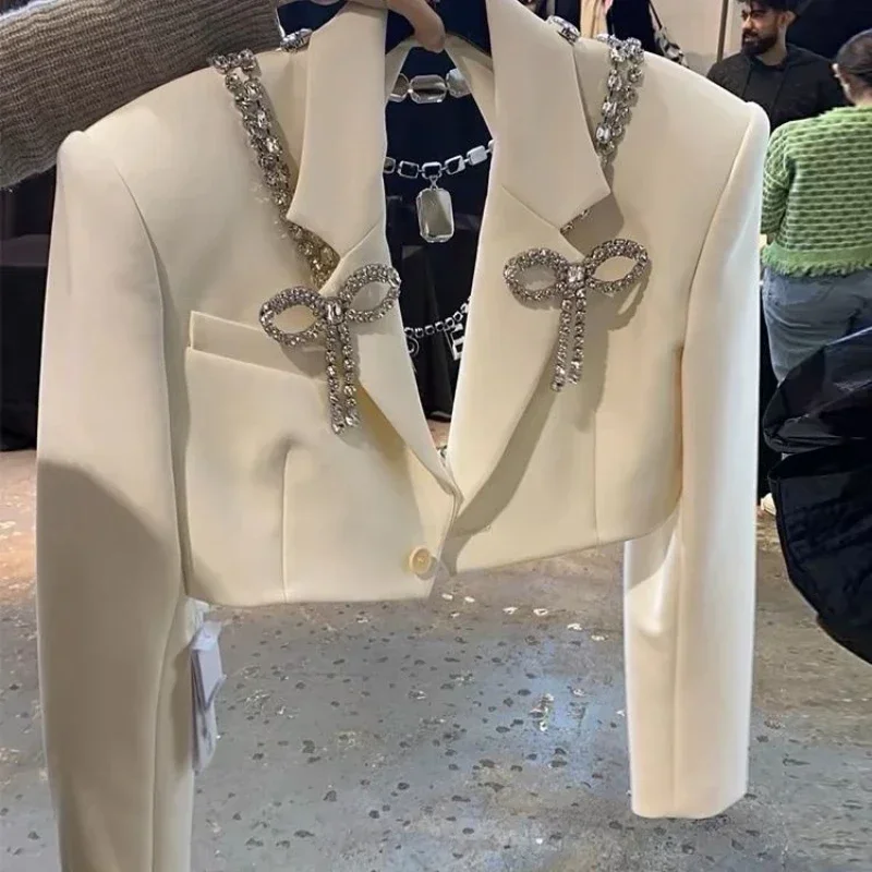 Spring Summer Diamonds Beaded Bow Blazers Coat 3D Bowtie Rhinestones Suit Jacket Crystal Chain Turn Down Collar OL Cardigan Tops