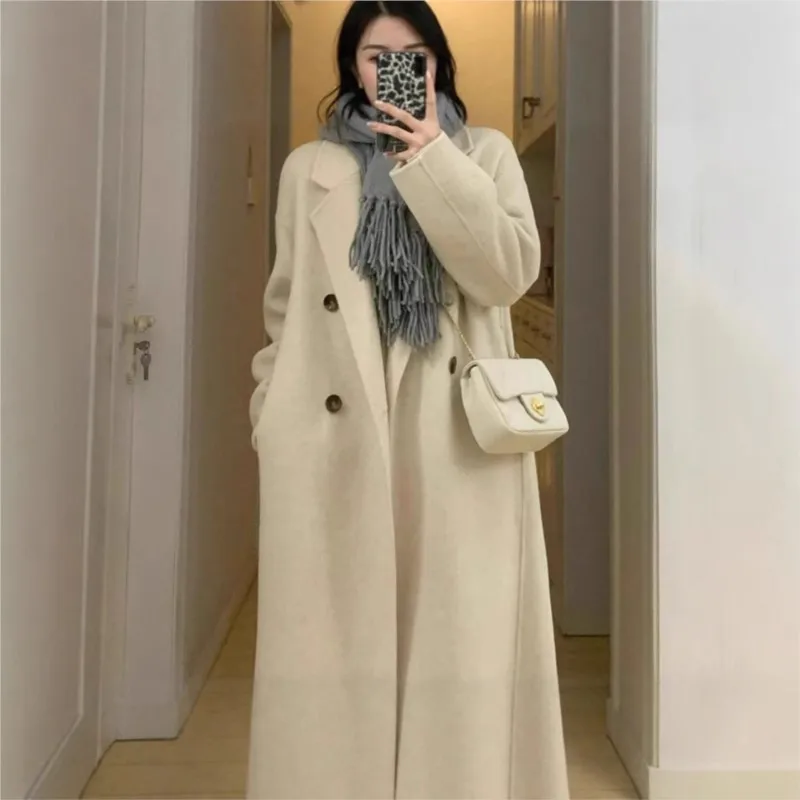 

Long woolen overcoat for women loose double-breasted elegant coat women's no-iron treatment