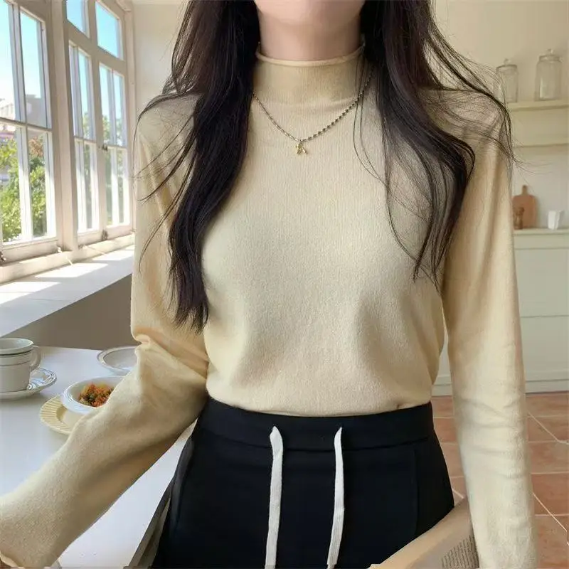 Women Korean Gentle Knit Sweater Women Roll Crew Neck Long Sleeve Elegant Minimalist Soft Versatile All Match Basic Daily Top