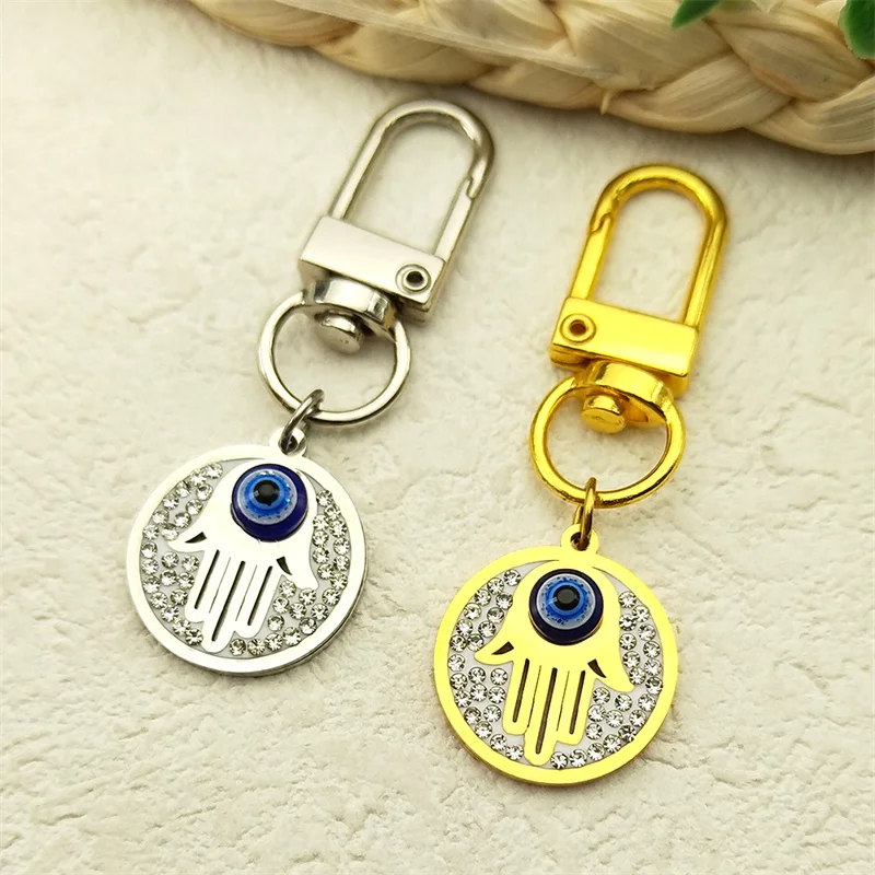 Fatima Hand Evil Blue Eyes Keychain For Women Men Stainless Steel Rhinestone Gold Color Turkish Lucky Key Rings Jewelry