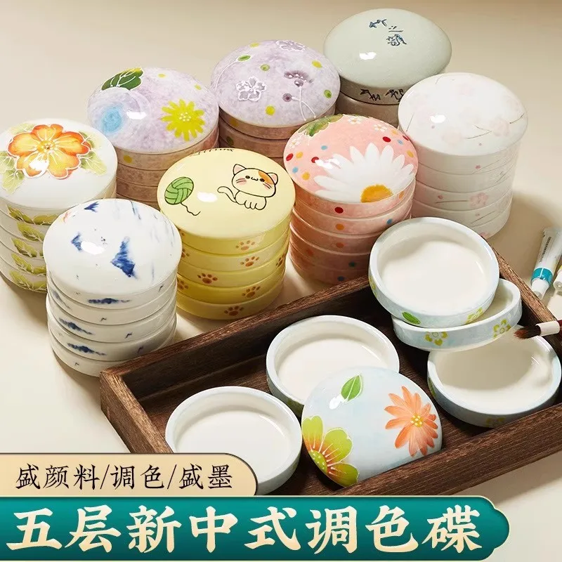 5-Layer Ceramic Palette for Chinese Painting, Watercolor Mixing Tray with Lid, Ink & Gouache Paint Dish