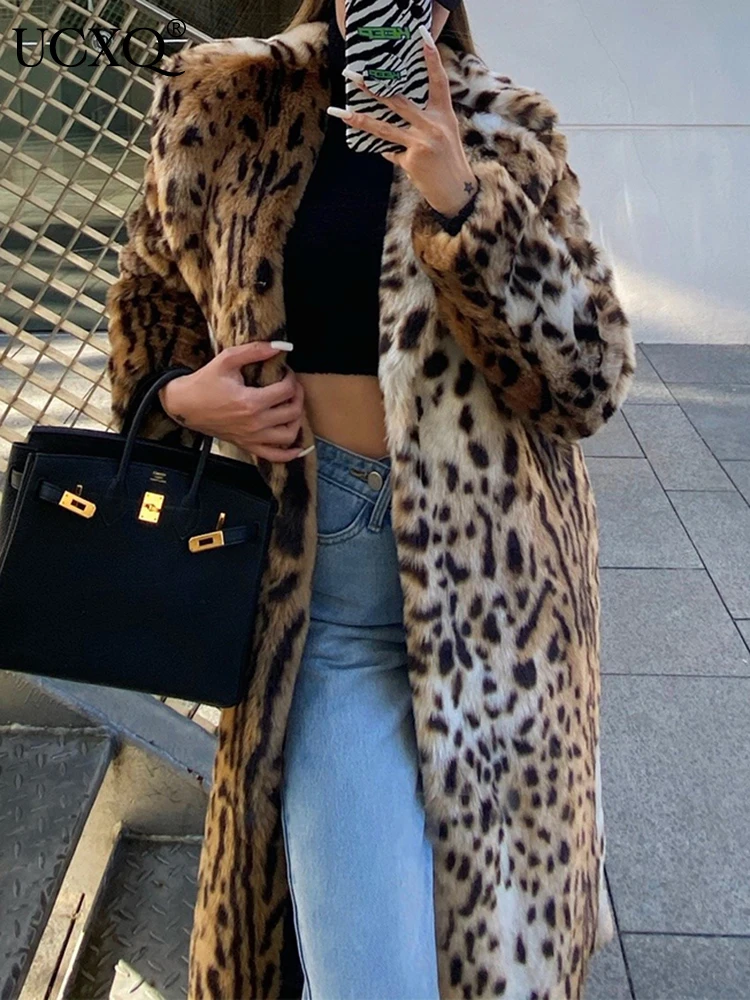 UCXQ Winter Long Warm Thick Leopard Fluffy Faux Fur Coat Women Tiger Print Runway Loose Luxury Designer Clothing Women 2024 New