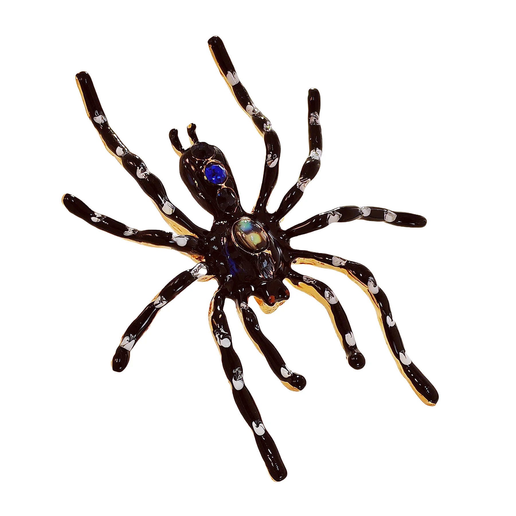 Dangerous Large Black Enamel Tarantula Spider Brooch with Blue Accent Halloween Jewelry