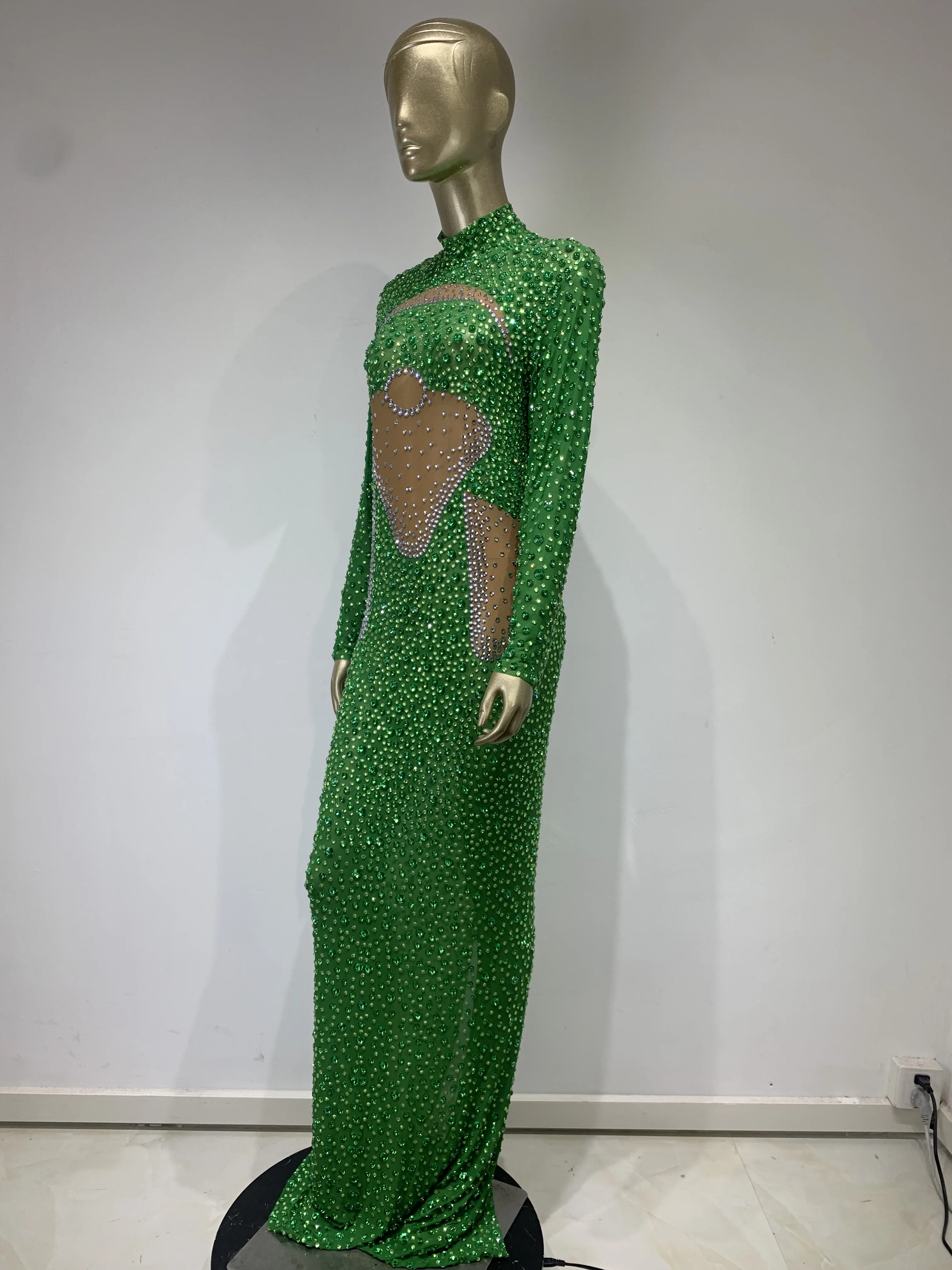 Women Half High Collar Green Mesh Crystal Diamond Long Sleeved Elastic Dress Club Party Dress Stage Performance Clothing