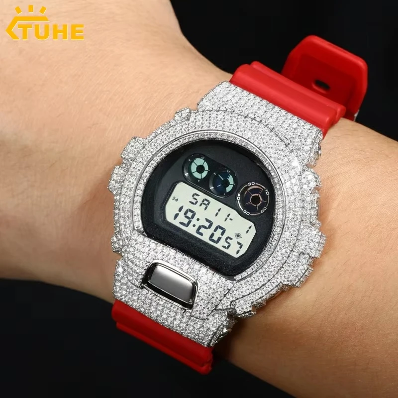

Корпус для часов серии DW-6900 из стерлингового серебра S925 с муассанитами, инкрустированный бриллиантами, в стиле хип-хоп, аксессуары для часов