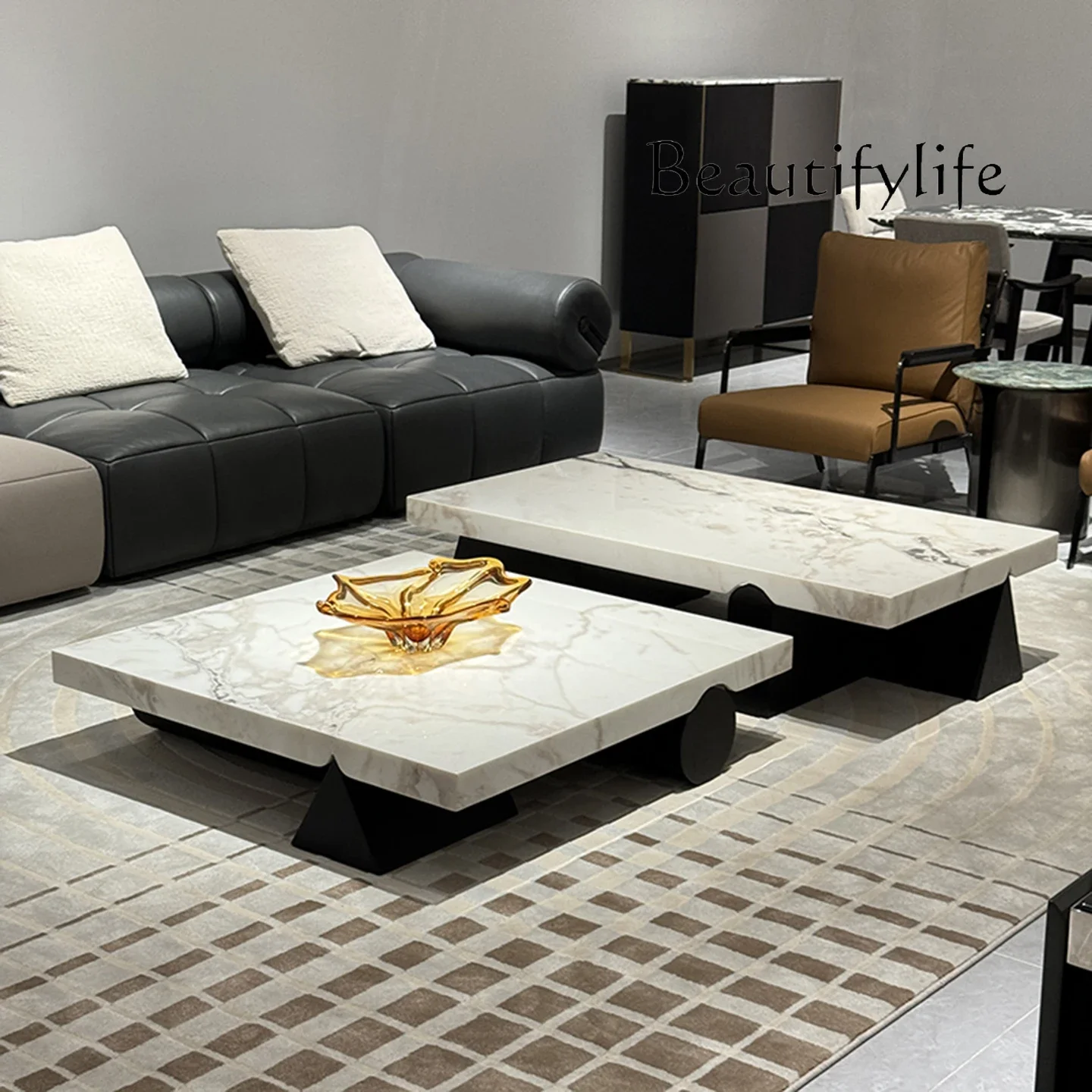 

FKLarge Apartment French Style Minimalist Cream Style Smoked Wood Imported Natural Marble White Luxury Stone Coffee Table