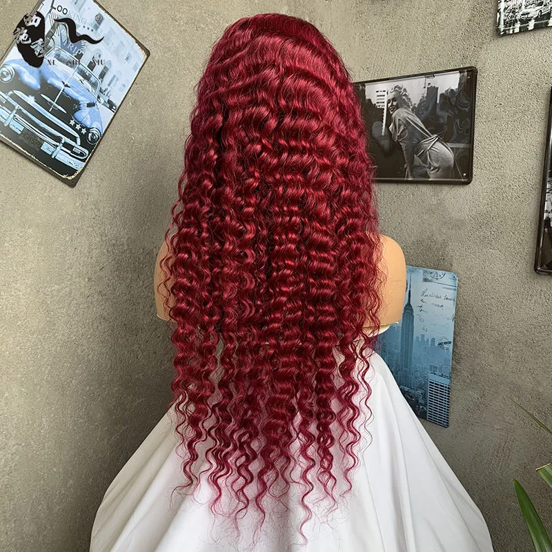 

99J Бордовые парики фронта шнурка Человеческие волосы Красный цвет Парик Человеческие волосы 13x4 Глубокая волна Вьющийся парик фронта шнурка Предварительно выщипанный Tra