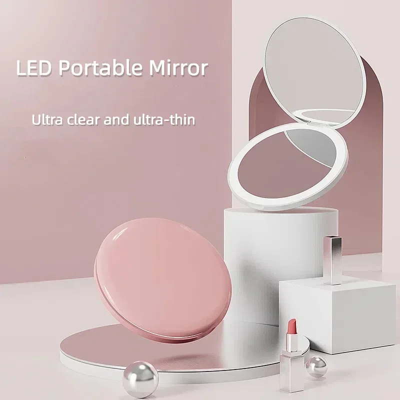 Mini Portable Makeup Mirror 2 Sides Folding Makeup Compact Pocket Mirror Women Luminous Effect Pink White Personalized Mirror