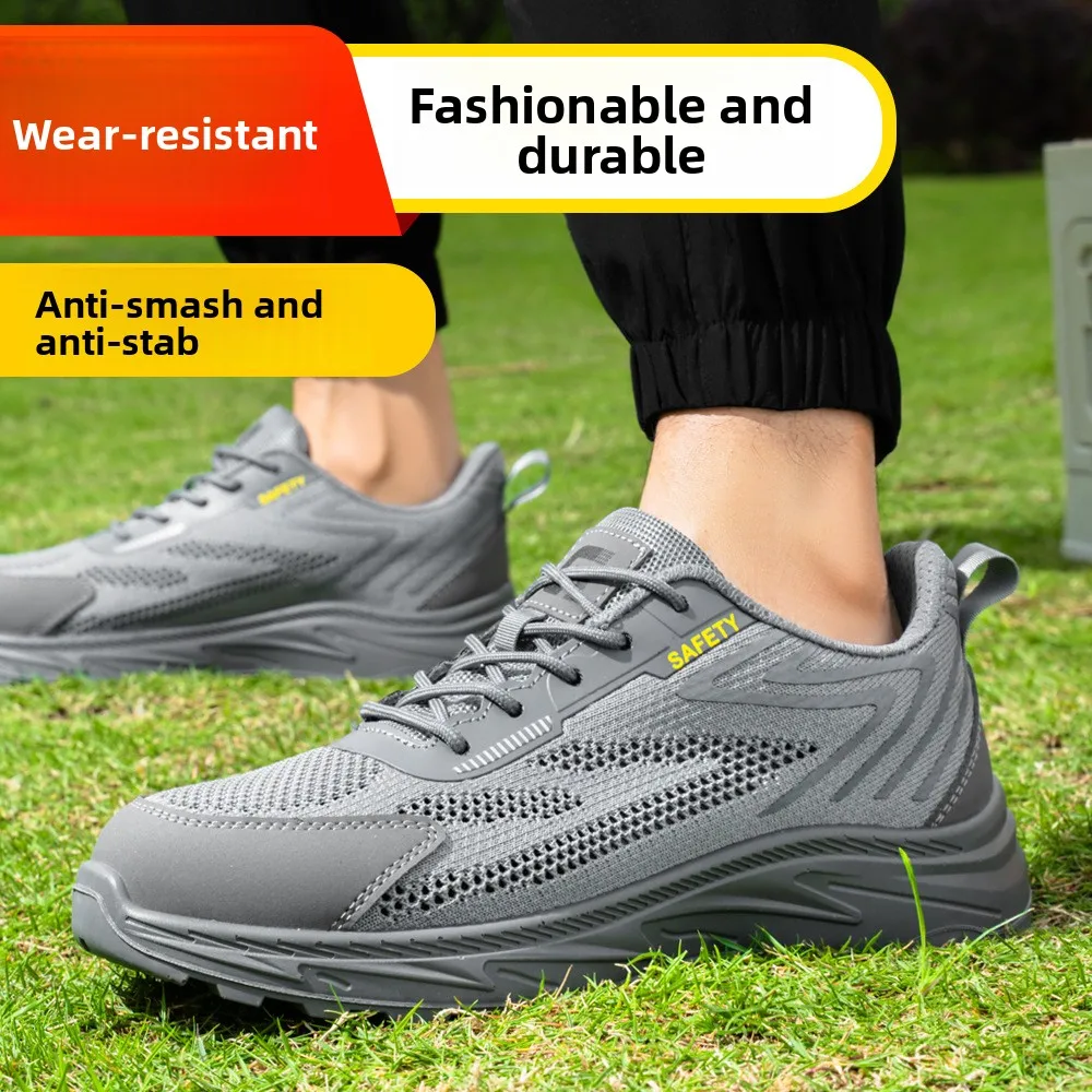 Sapatos de segurança em malha respirável com biqueira de aço, resistentes a perfurações, botas de trabalho protetoras e confortáveis para uso industrial._voghion.com